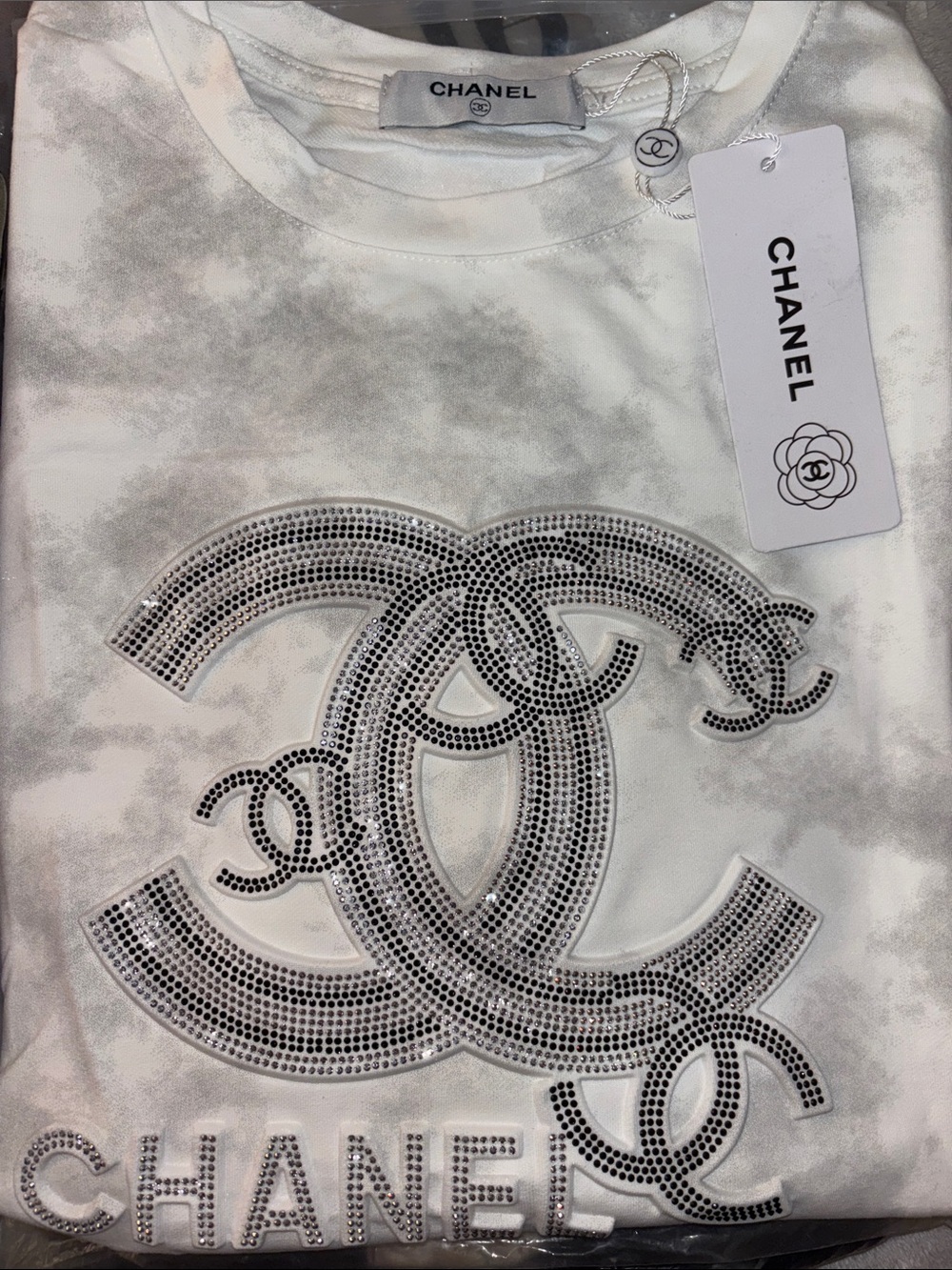 Fashion Shirt  White & Light Gray Tie-Dye Crystal Logo Short Sleeve Tee